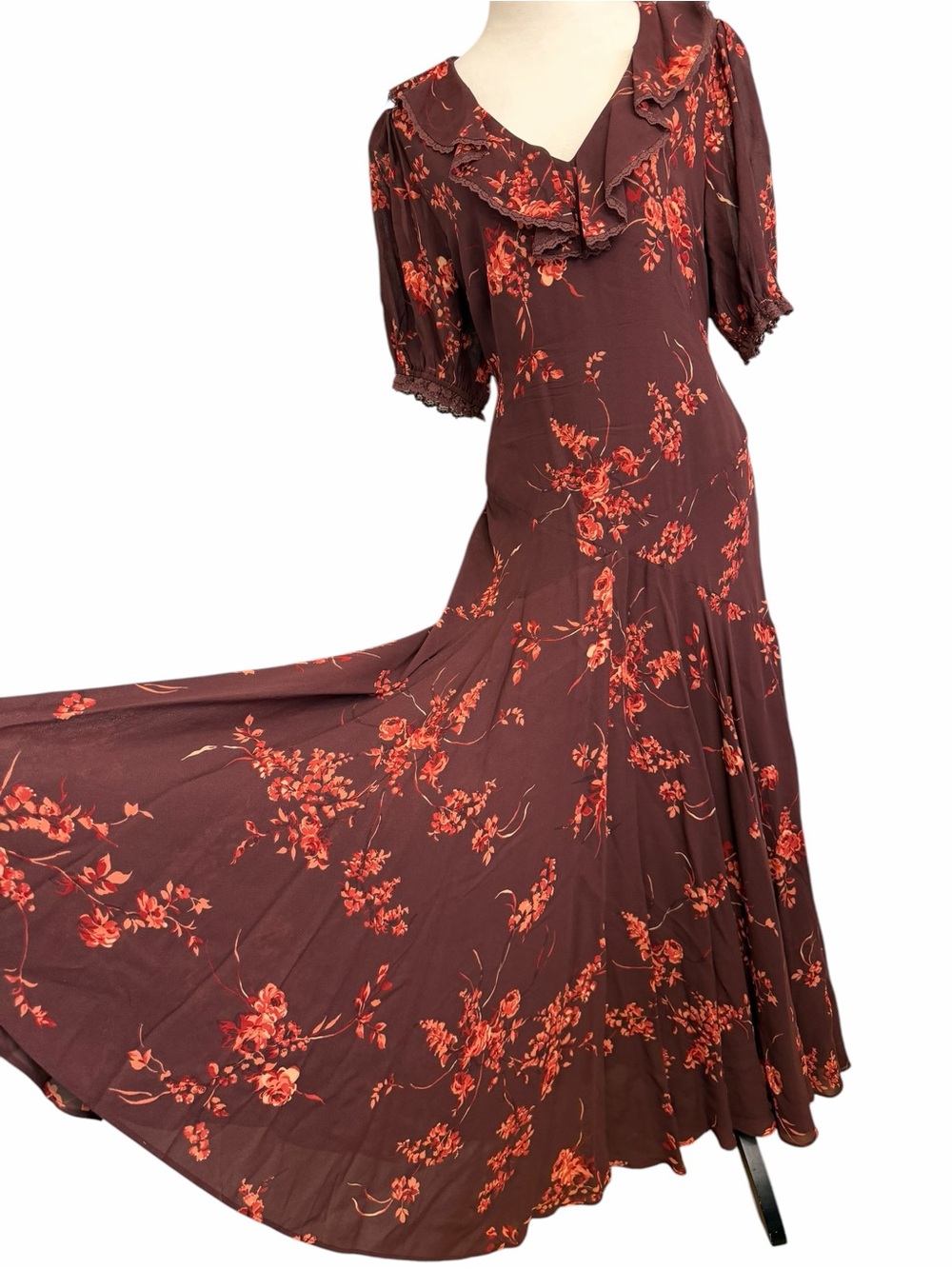 Reformation Evra Lace Georgette Burgundy Maxi Dress with Rust Floral Print - Picture 9 of 13